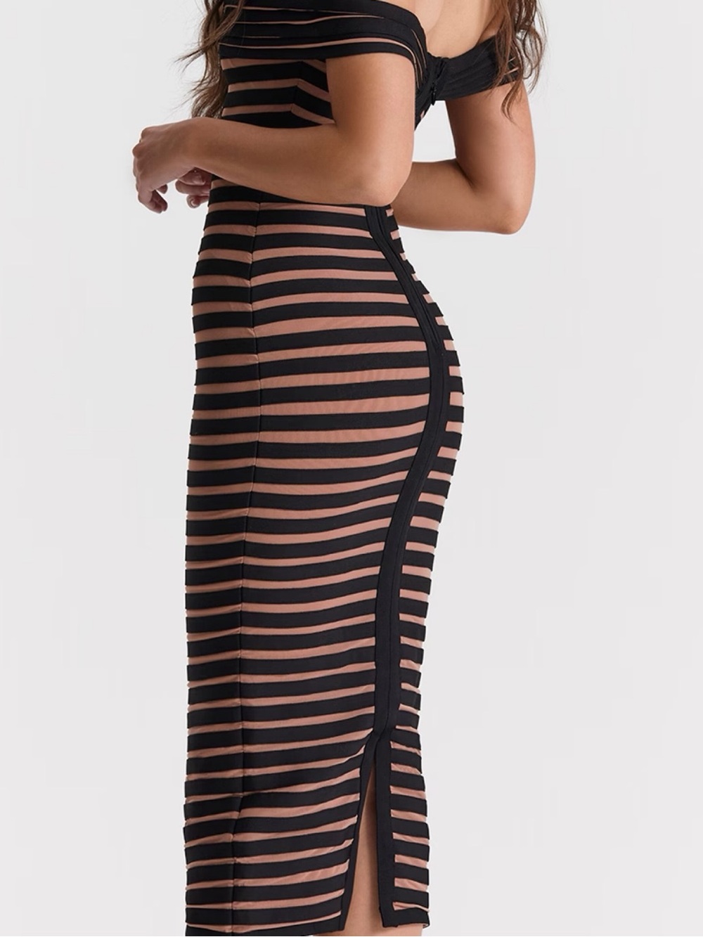 Off-Shoulder Black & Nude Striped Bandage Dress - Picture 3 of 4
